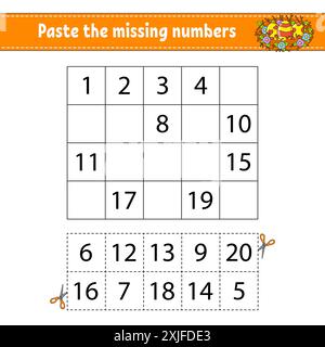 Incollare i numeri mancanti 1-20. Gioco per bambini. Pratica di scrittura a mano. Numeri di apprendimento per i bambini. Foglio di lavoro per lo sviluppo dell'istruzione. Pagina attività. ISO Illustrazione Vettoriale