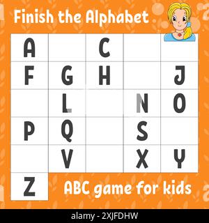 Finite l'alfabeto. Gioco ABC per bambini. Foglio di lavoro per lo sviluppo dell'istruzione. Gioco di apprendimento per bambini. Pagina attività a colori. Illustrazione vettoriale. Illustrazione Vettoriale