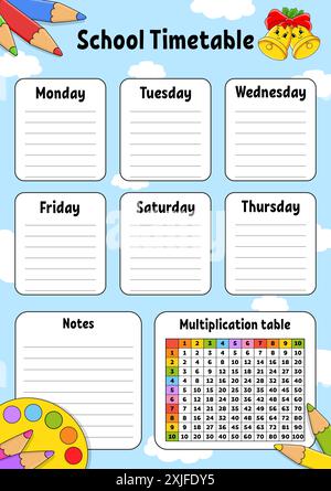 Orario scolastico. Per l'educazione dei bambini. Isolato su sfondo a colori. Con un carino personaggio dei cartoni animati. Illustrazione vettoriale. Illustrazione Vettoriale