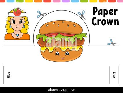 Modello corona in carta per bambini. Per giochi, torte, compleanni, vacanze. Con un carino personaggio dei cartoni animati. Isolato su sfondo bianco. Adatto per la stampa Illustrazione Vettoriale