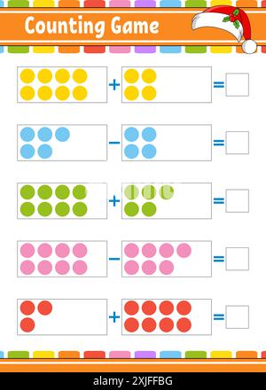 Addizione e sottrazione. Compito per i bambini. Foglio di lavoro per lo sviluppo dell'istruzione. Pagina a colori attività. Gioco per bambini. Tema di Natale. Illu vettoriale isolato Illustrazione Vettoriale