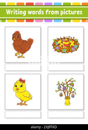 Scrivere parole da immagini. Imparare le parole in inglese. Foglio di lavoro per lo sviluppo dell'istruzione. Pagina attività a colori. personaggio dei cartoni animati. Illustrazione vettoriale. Illustrazione Vettoriale