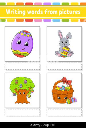 Scrivere parole da immagini. Imparare le parole in inglese. Foglio di lavoro per lo sviluppo dell'istruzione. Pagina attività a colori. personaggio dei cartoni animati. Illustrazione vettoriale. Illustrazione Vettoriale