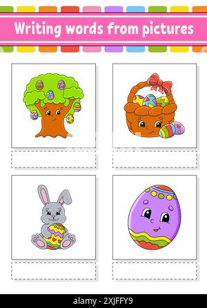 Scrivere parole da immagini. Imparare le parole in inglese. Foglio di lavoro per lo sviluppo dell'istruzione. Pagina attività a colori. personaggio dei cartoni animati. Illustrazione vettoriale. Illustrazione Vettoriale