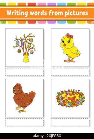 Scrivere parole da immagini. Imparare le parole in inglese. Foglio di lavoro per lo sviluppo dell'istruzione. Pagina attività a colori. personaggio dei cartoni animati. Illustrazione vettoriale. Illustrazione Vettoriale