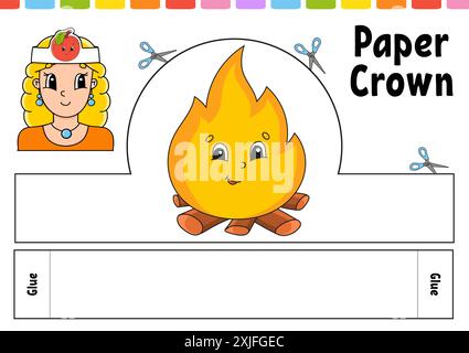 Modello corona in carta per bambini. Per giochi, torte, compleanni, vacanze. Con un carino personaggio dei cartoni animati. Isolato su sfondo bianco. Adatto per la stampa Illustrazione Vettoriale