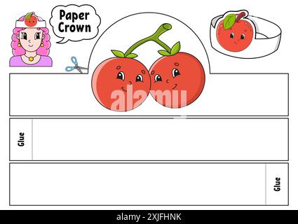 Modello corona in carta per bambini. Per giochi, torte, compleanni, vacanze. Con un carino personaggio dei cartoni animati. Isolato su sfondo bianco. Adatto per la stampa Illustrazione Vettoriale