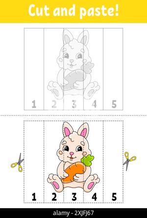 Numeri di apprendimento 1-5. Tagliare e incollare. personaggio dei cartoni animati. Foglio di lavoro per lo sviluppo dell'istruzione. Gioco per bambini. Pagina attività. Illustrazione vettoriale. Illustrazione Vettoriale