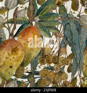 Illustrazione botanica dettagliata disegnata a mano con frutti vivaci e foglie lussureggianti in vari colori. Foto Stock