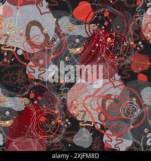 Un design dinamico astratto caratterizzato da forme e vortici rosso, nero e oro, perfetto per temi contemporanei. Foto Stock