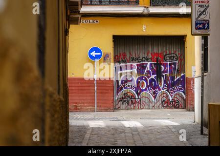 siviglia, Spagna. 7 febbraio 2024 - Un vicolo stretto, con un cartello blu a sinistra e una porta del garage coperta da innesti Foto Stock
