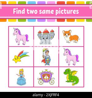 Trova due immagini identiche. Compito per i bambini. Foglio di lavoro per lo sviluppo dell'istruzione. Pagina attività. Gioco a colori per bambini. Personaggio divertente. Stile cartoni animati. Vettore Illustrazione Vettoriale