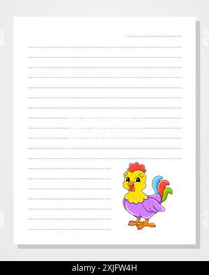 Modello di foglio per notebook, blocco note, diario. Carta rivestita. Con un carattere carino. Stile cartoni animati. Illustrazione vettoriale. Illustrazione Vettoriale