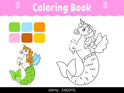 Libro da colorare per bambini. Simpatico unicorno sirena. Carattere allegro. Illustrazione vettoriale. Carino stile cartoni animati. Pagina fantasy per bambini. Contorno nero. IO Illustrazione Vettoriale