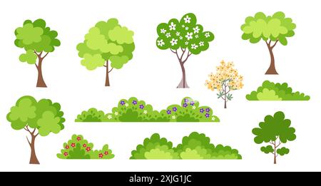Alberi primaverili con fiori. Illustrazione della collezione di alberi e cespugli boschivi Illustrazione Vettoriale