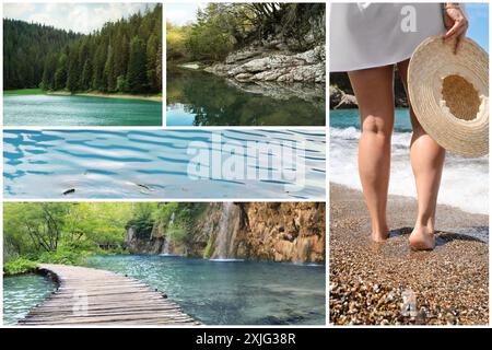 Vita lenta. Collage con foto di passare del tempo vicino all'acqua Foto Stock
