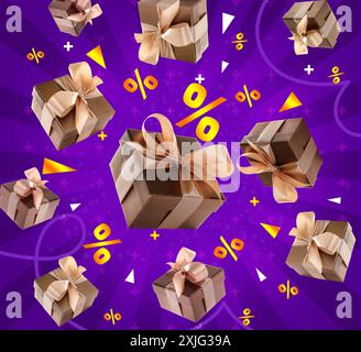 Confezioni regalo e cartelli percentuali in aria su sfondo viola. Design del volantino sconto Foto Stock