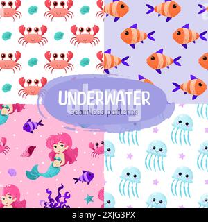 Collezione sott'acqua Seamless Patterns per bambini. Illustrazione Vettoriale