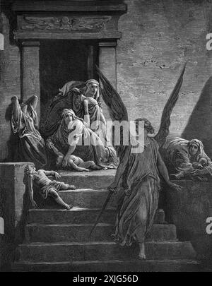 Incisione in legno del primogenito ucciso da Gustave Dore Esodo 12:29-30, della Sacra Bibbia del XIX secolo Foto Stock