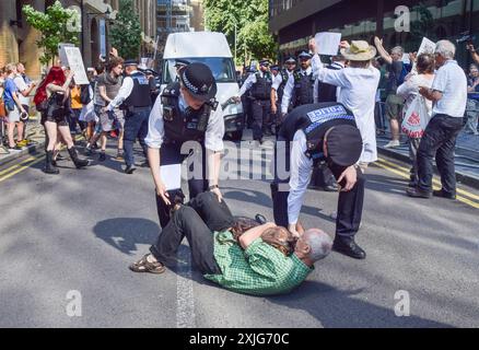 Londra, Regno Unito. 18 luglio 2024. Un manifestante giace sulla strada e cerca di impedire che un furgone che trasporta gli attivisti incarcerati se ne vada. I manifestanti si sono riuniti fuori dalla Corona di Southwark mentre cinque attivisti per il clima - Daniel Shaw, Louise Lancaster, Lucia Whittaker De Abreu, Cressida Gethin e Just Stop Oil and Extinction Rebellion co-fondatore Roger Hallam - sono condannati in prigione a seguito della protesta M25 del 2022. Crediti: Vuk Valcic/Alamy Live News Foto Stock