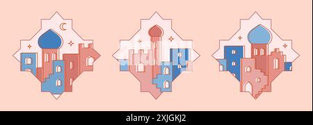 Paesaggio urbano arabo da archi e finestre. Astratto musulmano marocchino, città vecchia saudita orientale, medina. Moschea vettoriale di linea, edifici, sagoma di case Illustrazione Vettoriale