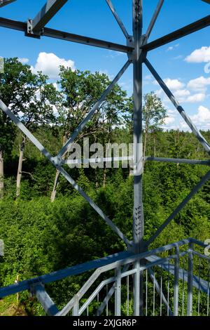 Collegamenti imbullonati di elementi in acciaio della torre di osservazione. Dettagli costruttivi in acciaio zincato su sfondo verde Foto Stock
