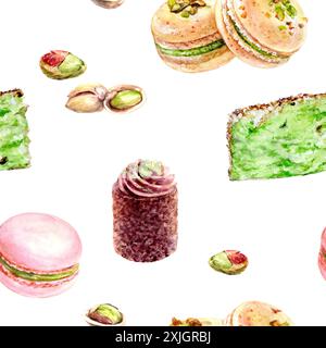 Motivo con macaron al pistacchio, fette di torta e pasticcini disposti su sfondo bianco Foto Stock