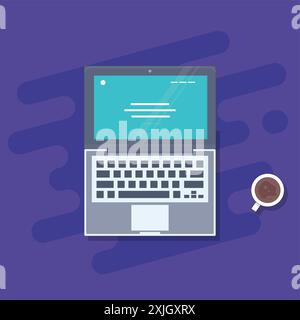 Laptop e caffè su sfondo viola. Design piatto. Illustrazione vettoriale. Illustrazione Vettoriale