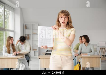 Turbare la studentessa con i risultati dell'esame in classe Foto Stock