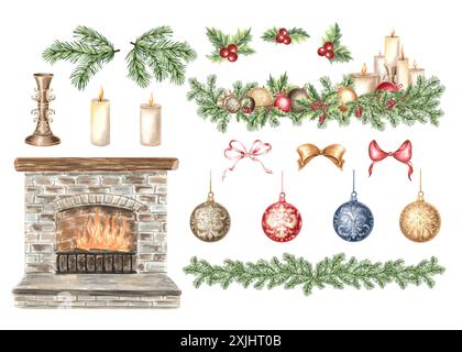 Set di decorazioni natalizie di palle con archi in vintage. Clipart con caminetto acceso e candele, rami di pino e agrifoglio. Disegnato a mano Foto Stock
