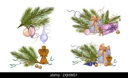 Set di composizioni natalizie di scatole regalo, giocattoli in legno con illustrazione ad acquerello isolata su bianco. Rami di pino, angelo, campane disegnati a mano. Elementi Foto Stock