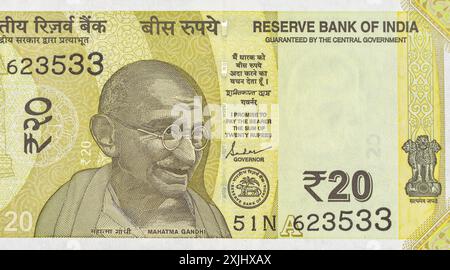 Primo piano di un ritratto del Mahatma Gandhi sull'India 20 Rupees Banknote Foto Stock