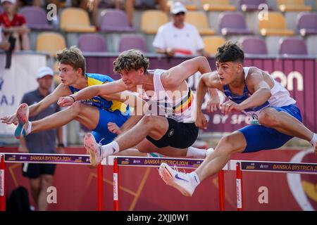 Banska Bystrica, Slovacchia. 18 luglio 2024. Il belga Rafael Franzini nella foto durante le manches dei 110 m ostacoli ai Campionati europei di atletica leggera U18, a Banska Bystrica, Slovacchia, giovedì 18 luglio 2024. I campionati europei U18 si svolgono dal 18 al 21 luglio. BELGA PHOTO COEN SCHILDERMAN credito: Belga News Agency/Alamy Live News Foto Stock