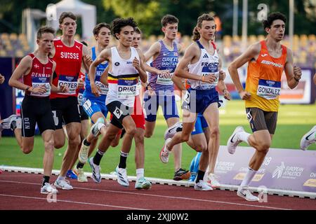 Banska Bystrica, Slovacchia. 18 luglio 2024. Il belga Ilyes Druez nella foto alle manches dell'evento maschile 1500 ai Campionati europei di atletica leggera U18, a Banska Bystrica, Slovacchia, giovedì 18 luglio 2024. I campionati europei U18 si svolgono dal 18 al 21 luglio. BELGA PHOTO COEN SCHILDERMAN credito: Belga News Agency/Alamy Live News Foto Stock