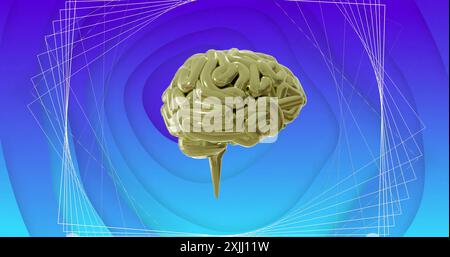 Immagine della rotazione del cervello su una struttura di rete 3d su sfondo blu astratto Foto Stock