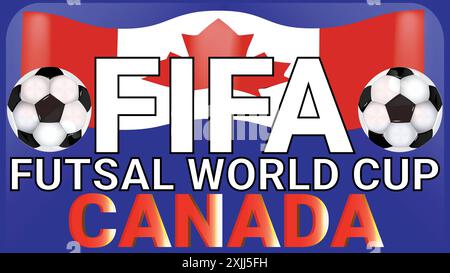 Bandiera canadese della Coppa del mondo FIFA Futsal e due palline da calcio con sfondo blu Illustrazione Vettoriale