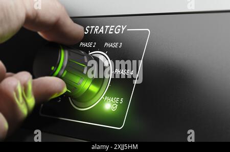 Uomo che raggiunge un piano strategico fino all'ultima fase ruotando una manopola di controllo. Concetto di pianificazione strategica. Immagine composita tra un'illustrazione 3d e un Foto Stock