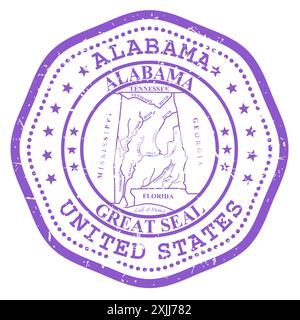 Francobollo dello stato dell'Alabama con sigillo, francobollo da viaggio degli Stati Uniti, francobollo dell'Alabama, vettoriale Illustrazione Vettoriale