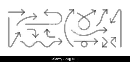 Impostare il vettore delle icone dei segni freccia. Frecce vettoriali nere in direzioni diverse con effetto moltiplicatore. Design moderno, pulito e minimalista Illustrazione Vettoriale