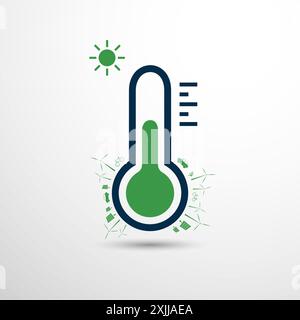 Lotta contro il riscaldamento globale e i cambiamenti climatici, raggiungi la neutralità del carbonio - concetto di design a vettore piatto con termometro e simboli di varie alterne Illustrazione Vettoriale