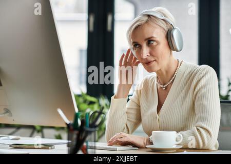 Una donna d'affari di mezza età con i capelli corti si siede a una scrivania indossando le cuffie mentre lavora in un ufficio moderno. Foto Stock