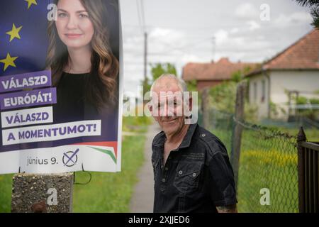 un uomo anziano in piedi accanto al manifesto dei candidati alle elezioni europee nel piccolo villaggio ungherese mentre va al seggio elettorale per esprimere il suo voto Foto Stock