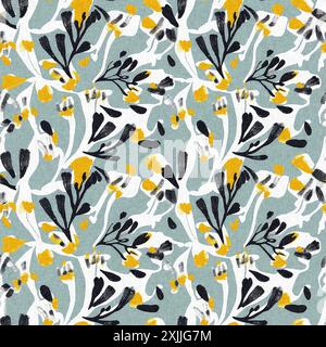 Moderno motivo blockprint in tessuto stampato con fiori selvatici e texture in lino. Motivi floreali boho scuri disegnati a mano stilizzati per elementi di design decorativi Foto Stock