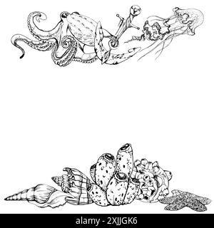Acquerello e inchiostro vita marina disegnata a mano, creature sottomarine dell'oceano marino. pesce, conchiglie alghe. Illustrazione cornice bordo, stilizzata, isolata Illustrazione Vettoriale