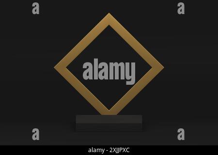 Piedistallo con podio 3d nero con telaio in rombo dorato per presentazioni di prodotti di lusso, illustrazione vettoriale. Geometr. Realistica composizione pubblicitaria Illustrazione Vettoriale