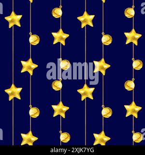 Motivo acquerello senza cuciture con giocattoli sull'albero di Natale, palle d'oro lucido, ghirlande di perline glitter dorate, stelle dorate lucide, illustrazione con Christm Foto Stock