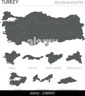 Set di sagome della regione della Turchia e mappa vuota del paese isolato su sfondo bianco. Disegno dell'illustrazione vettoriale Illustrazione Vettoriale