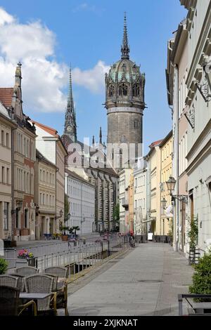 Torre della Chiesa di tutti i Santi o Chiesa del Castello, città di Lutero Wittenberg, Sassonia Anhalt, Germania Foto Stock