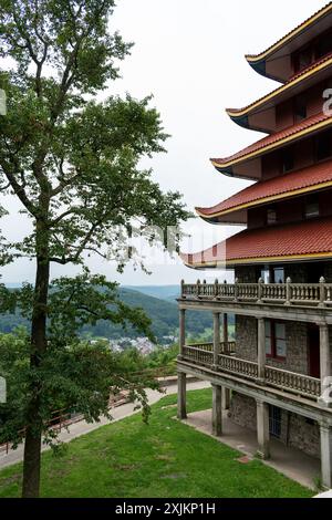 Panoramica di una pagoda asiatica che si affaccia su una foresta e una città. Foto Stock