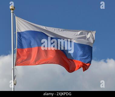 La bandiera della Federazione Russa su un flagpole, svolazzando nel vento, contro il cielo Foto Stock